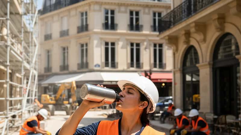 Texas construction worker in hard hat taking a water break on an Austin job site in midday heat