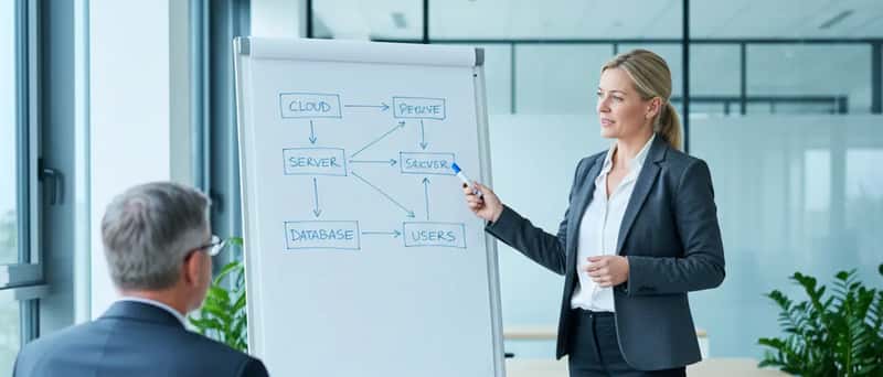 IT-Beraterin zeichnet ein Netzwerkdiagramm auf ein Whiteboard in einem deutschen Büro
