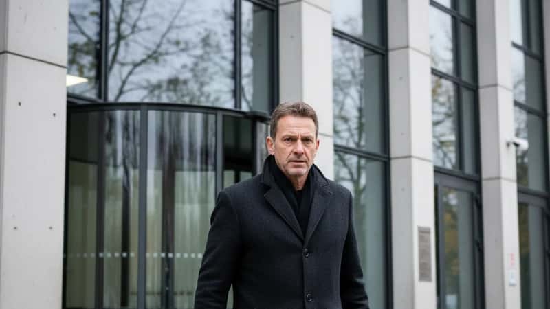 Arbeitnehmer in München betritt das Arbeitsgericht mit Aktentasche für Kündigungsschutzklage