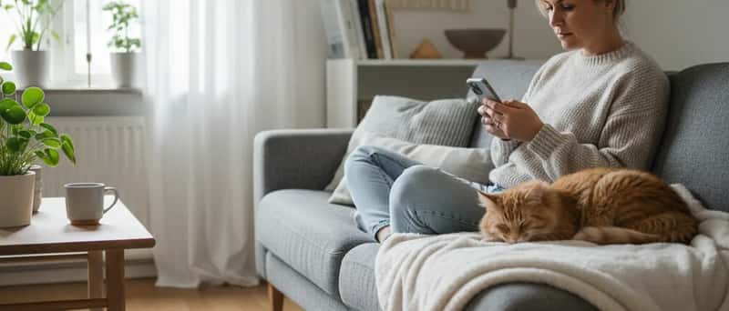 Djurägare som använder Agrias app på sin smartphone i ett hemtrevligt vardagsrum med en sovande katt i soffan