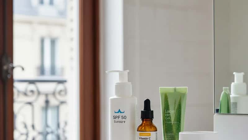 Produits de soin solaire alignés sur une étagère de salle de bain blanche en France, crème SPF 50, sérum vitamine C, gel aloe vera, lumière naturelle douce