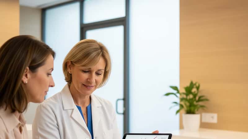 Dermatologue française en blouse blanche consultant une patiente dans une clinique moderne à Bordeaux, expliquant un schéma cutané sur tablette