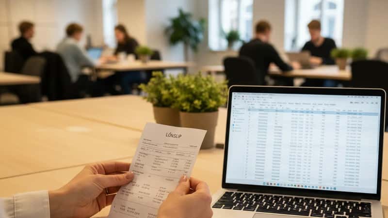 Dansk kvinde gennemgår lønseddel og overtimeopgørelse ved skrivebord i moderne Frederiksberg-kontor, Kjøbenhavn