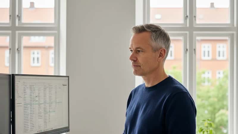 HR-medarbejder i Hellerup, København, gennemgår vagtplan på computerskærm ved hæve-sænkebord i lyst erhvervskontor