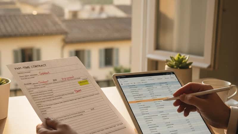 Confronto tra contratto part-time e foglio presenze in un ufficio fiorentino
