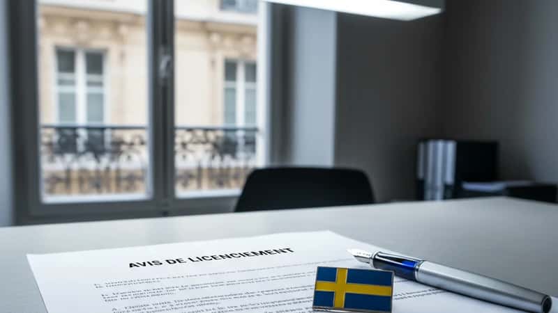 Uppsägningsbesked på skrivbord med penna och svensk flaggnål, formell juridisk processatmosfär