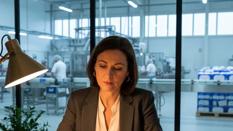 Responsable RH examinant une convention collective dans un bureau vitré adjacent à une laiterie industrielle normande