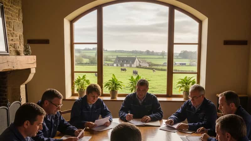 Réunion d'une coopérative laitière normande avec salariés et représentants de direction autour d'une table avec documents, fenêtre sur la campagne normande