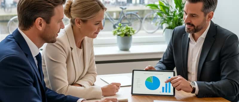 Nederlands echtpaar bespreekt beleggingsopties met een financieel adviseur in een modern kantoor