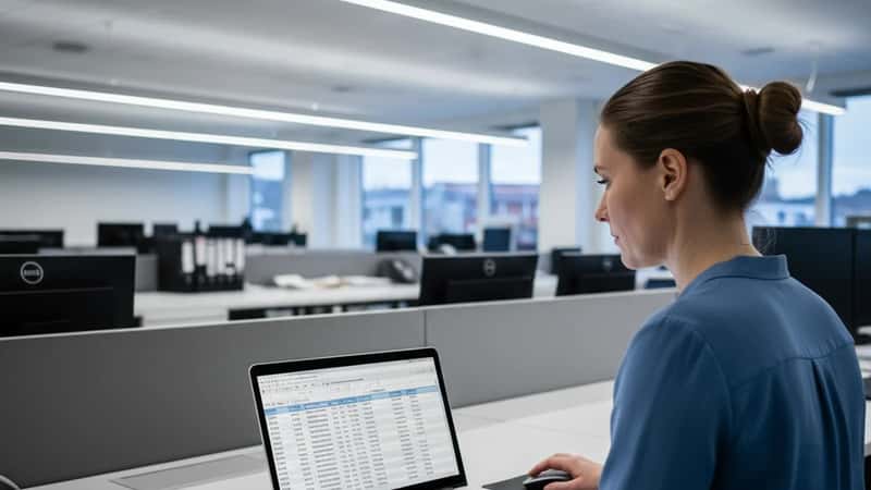 Norsk lønnssaksbehandler i logistikkselskap i Trondheim beregner overtidstillegg på laptop