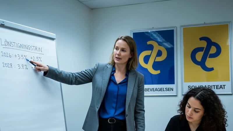 Tillidsrepræsentant forklarer OK26-løntrin 2026-2029 på whiteboard i fagforeningskontor i Odense