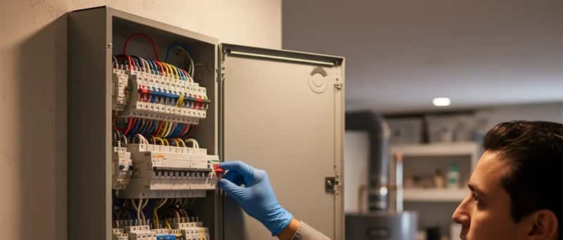 Panneau électrique résidentiel avec disjoncteurs colorés et main gantée d'un électricien