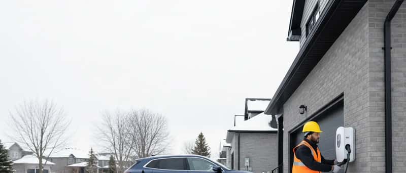 Électricien installant une borne de recharge pour véhicule électrique sur un bungalow québécois en hiver