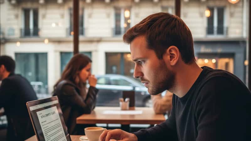 Montana employee studying non-compete clause in employment agreement at a Bozeman coffee shop, amber cafe lighting, concerned expression