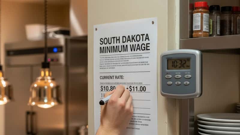 Minimum wage compliance poster in a South Dakota restaurant kitchen next to a time clock, hand updating the rate