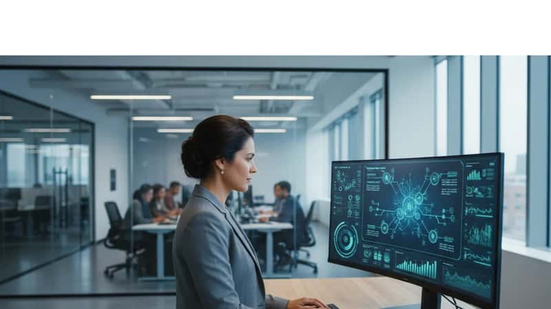 Canadian IT specialist at a standing desk in a Toronto tech office reviewing AI dashboard on large monitor