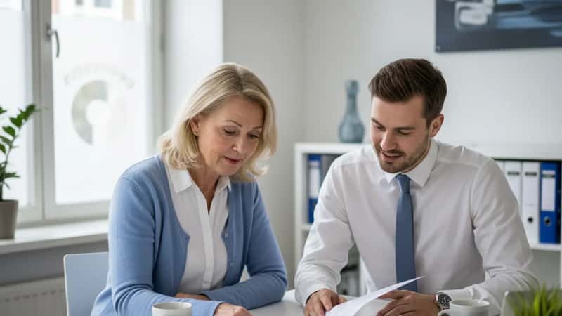 Pensionsrådgivningskonsultation i Göteborg - äldre kvinna granskar pensionsprognos med rådgivare