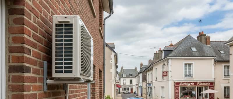 Split AC outdoor unit professionally installed on a red brick British semi-detached house