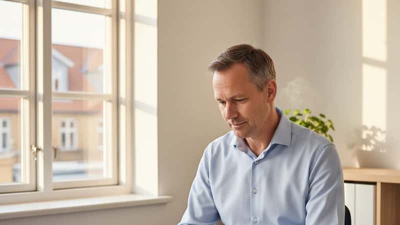 Dansk mand gennemgår årsopgørelse fra pensionsselskab ved hjemmekontor i Fredericia