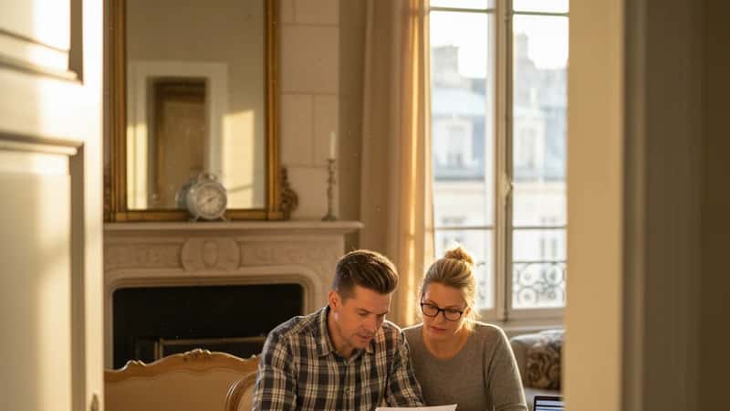 Lärare och partner granskar kollektivavtalsdokument och ledighetsblanketter i ett Göteborgshem
