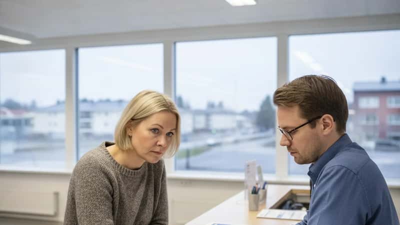 Suomalainen nainen asioi Kelan palvelupisteessä Tampereella, virkailija selittää valitusohjeet lomakkeiden äärellä