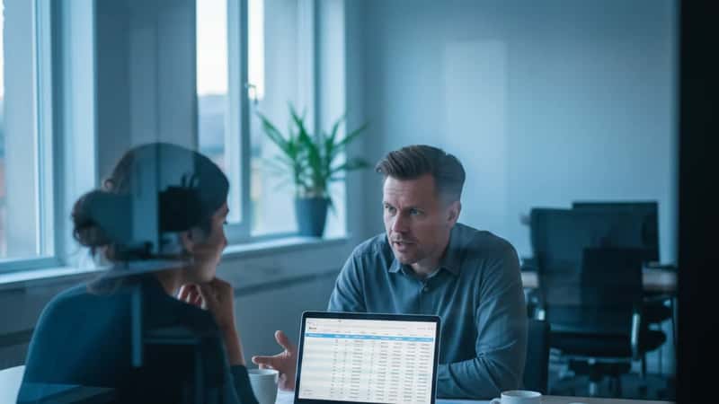 HR-chef och IT-konsult granskar arbetstidsdata på laptop i glasväggsrum, samarbetsstämning, kvällsljus från nordfönster