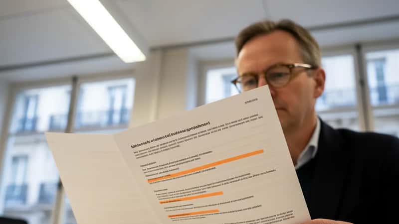 Närbild av händer med läsglasögon som granskar markerat kollektivavtal med orange överstrykningspenna på kontorsbord