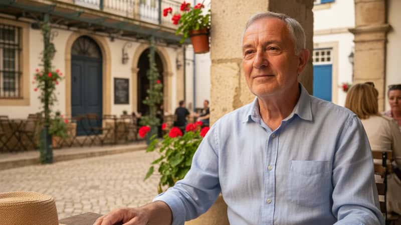 Reformado francês a rever documentos de pensão num café de terraço em Évora, aproveitando a reforma em Portugal