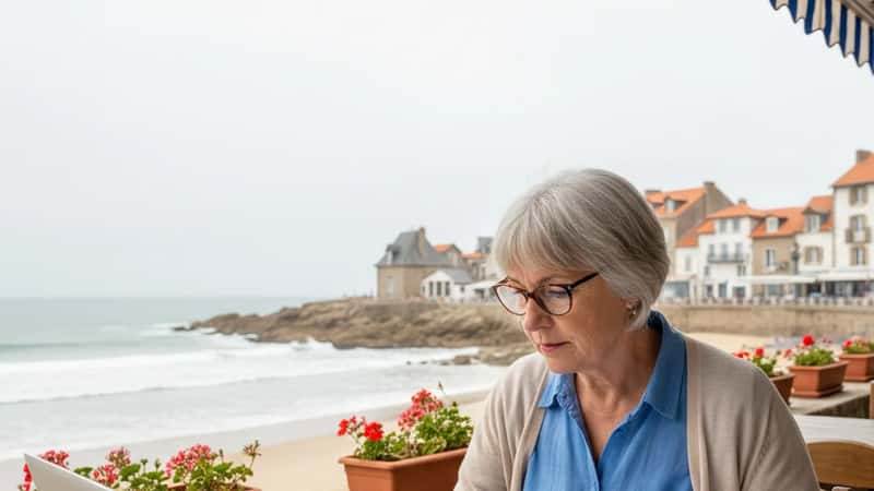 Reformada britânica a comparar documentos de pensão num café com vista para o mar em Cascais