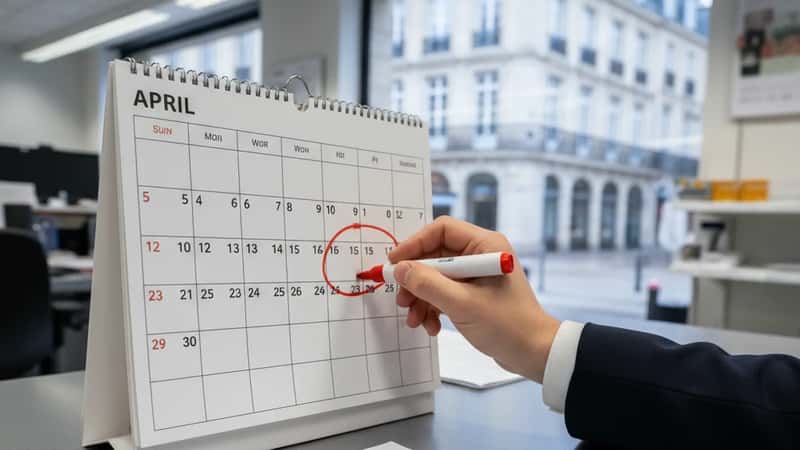 Händer som markerar 1 april på en kalender i ett butikskontor i Göteborg, avtals- och lönetabelldokument på skrivbordet
