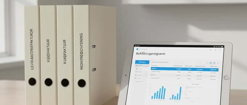 Organiserat bokföringsmaterial på ett svenskt skrivbord med surfplatta, mappar och kvitton