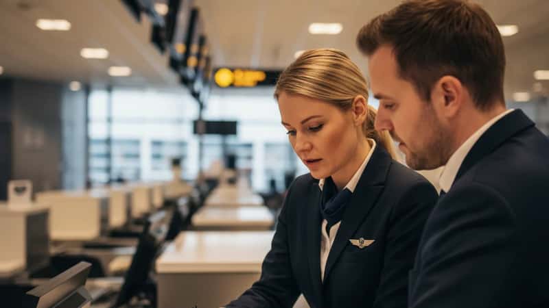Tillitsvalgt og HR-leder gjennomgår Flyavtalen ved flyplassdisk i Tromsø