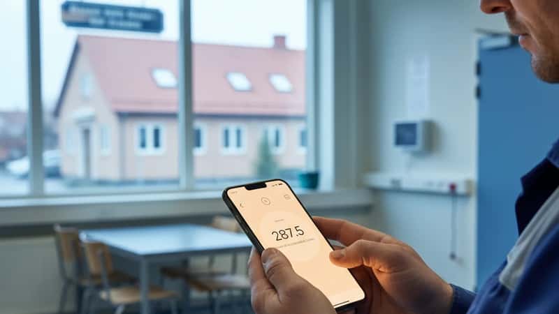 Verkstadsarbetares händer håller mobiltelefon med tidbanksapp i Eskilstuna