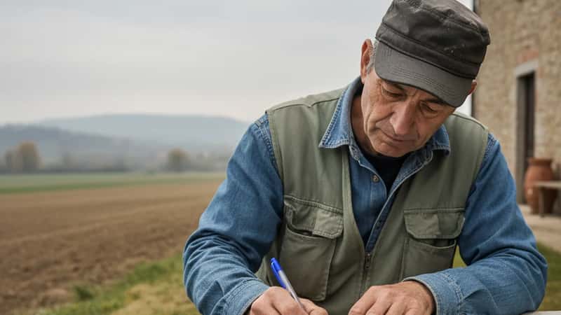 Supervisore agricolo in Cuneo segna le ore straordinarie su un registro cartaceo, mattino autunnale in Piemonte