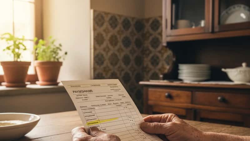 Mani di lavoratore agricolo italiano tengono un cedolino con voci straordinario evidenziate, luce serale a Verona