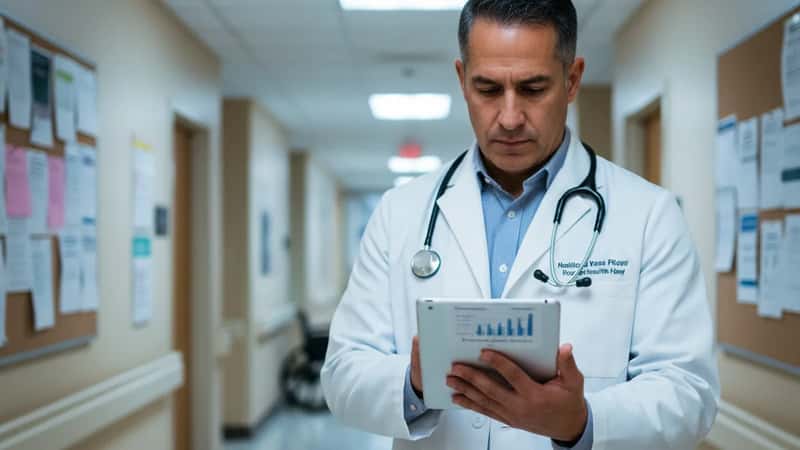 A Boston medical office corridor: a Hispanic male doctor in a white coat reviews healthcare policy data on a tablet, stethoscope visible, expression of focused professional seriousness