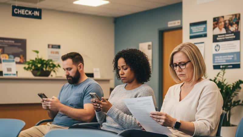 An Austin Texas community health center waiting room: diverse American adults in their 30s-50s sit in chairs, two checking smartphones, one reading a paper intake form, warm overhead lighting, atmosphere of patient anticipation