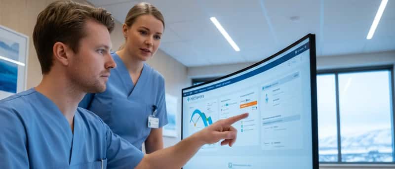 Doctor reviewing a patient's digital health record on screen in an Icelandic clinic