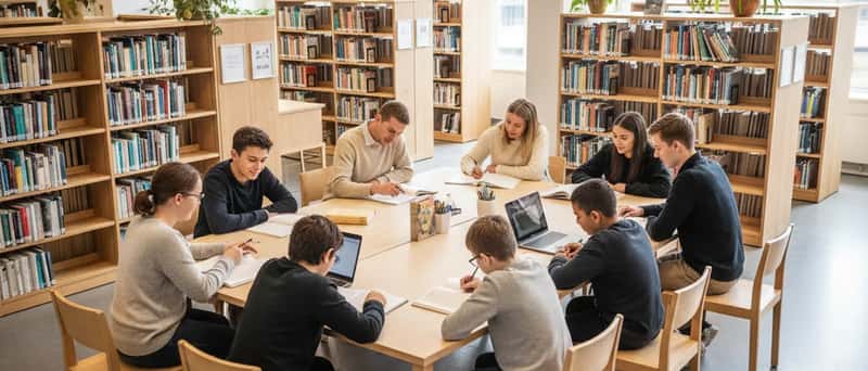 Frivillige hjælper børn med lektier på et dansk folkebibliotek med lyse træmøbler