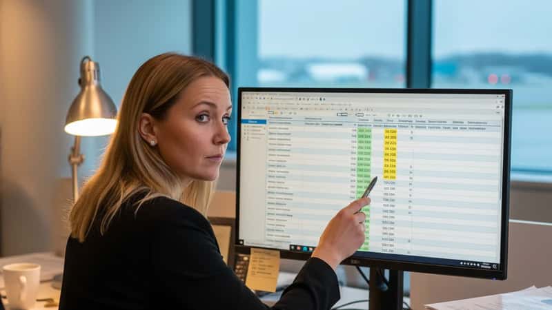 HR-spesialist gjennomgår overtidsberegninger i lønnssystem ved Bergen Airport