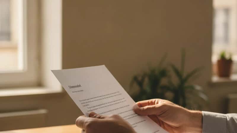Un salarié français à Marseille examine attentivement une lettre de licenciement posée sur son bureau, entouré de documents et d'une calculatrice, dans un bureau d'entreprise à la lumière tamisée
