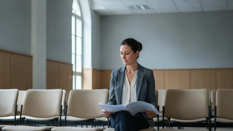 Une femme française en tenue professionnelle dans la salle d'attente d'un Conseil de Prud'hommes à Toulouse, consulte ses documents avant une audience, lumière institutionnelle naturelle
