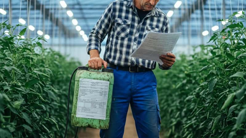 Lavoratore agricolo a Pesaro legge scheda tecnica di prodotto fitosanitario in una serra, luci al neon, righe di piante sullo sfondo