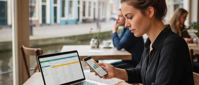 Jonge freelancer scant bonnetjes met een smartphone naast een laptop met boekhoudoverzicht