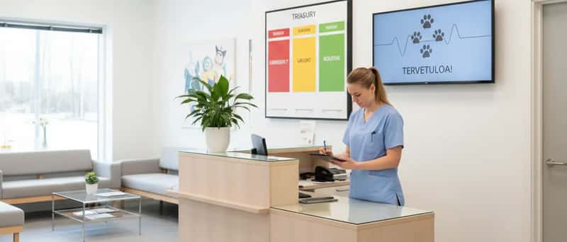 Eläinlääkäripäivystyksen vastaanottotiski, jossa hoitaja tekee triage-arviota modernissa klinikassa
