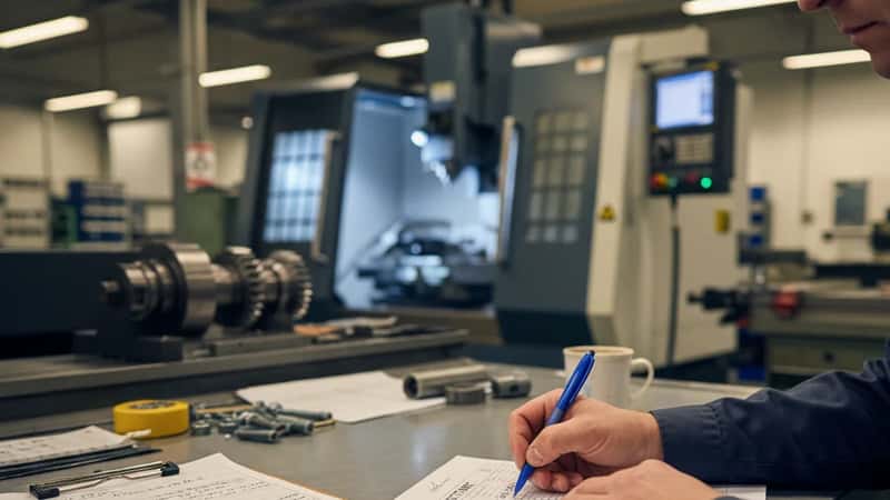 Dansk produktionsleder skriver overarbejdstimer på timeseddel ved metalfabrik i Esbjerg med CNC-maskine synlig i baggrunden