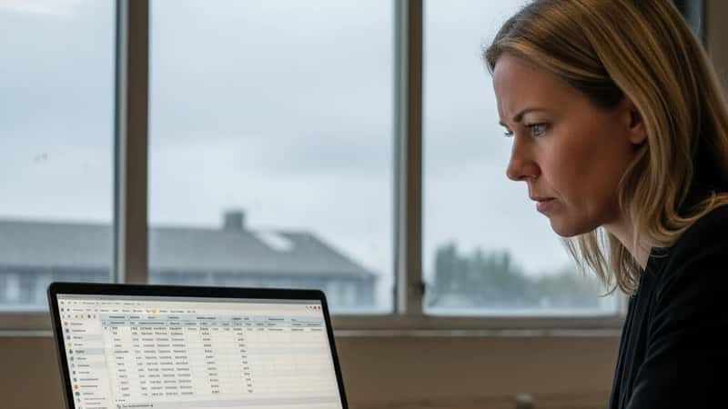 HR-chef i Vejle gennemgår overarbejdsberegninger på laptop i fabrikskontor med industrielt udstyr synligt i baggrunden