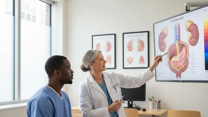 Urologist showing anatomical bladder diagram to a patient during consultation in a New York hospital room, calm afternoon light