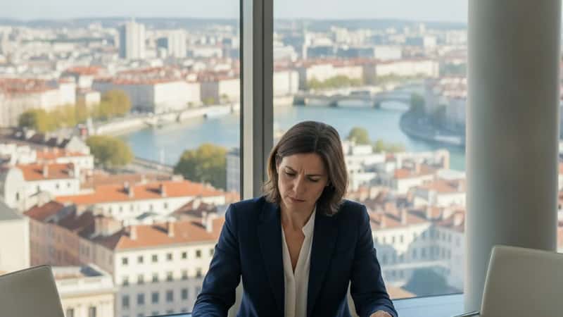 Conseillère patrimoniale étudiant des documents de succession internationale dans un bureau lyonnais