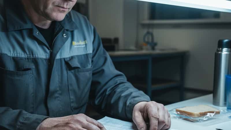Tamperelainen metalliteollisuuden työntekijä tutkii palkkaryhmätaulukkoa teknologiateollisuuden TES-kirjasta tehtaan taukotilassa